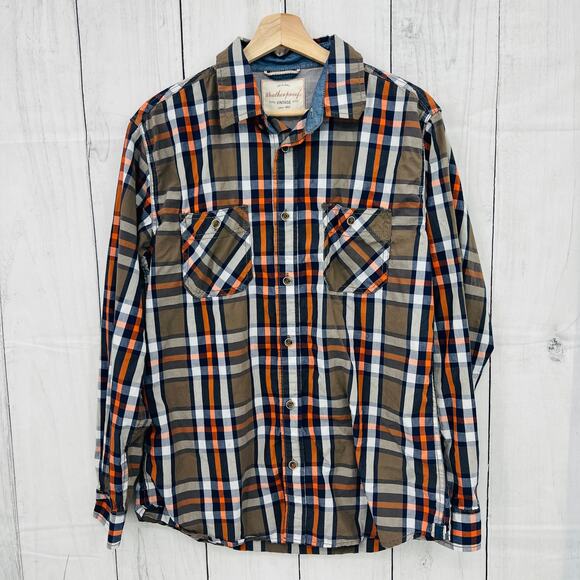 WEATHERPROOF LARGE Brown Blue Plaid Vintage Button Up Shirt Long Sleeve - Picture 1 of 7